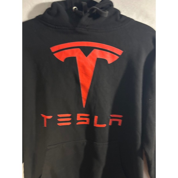 Tesla Motors Logo Pullover Hoodie Black Red Graphic Sweatshirt Mens Large